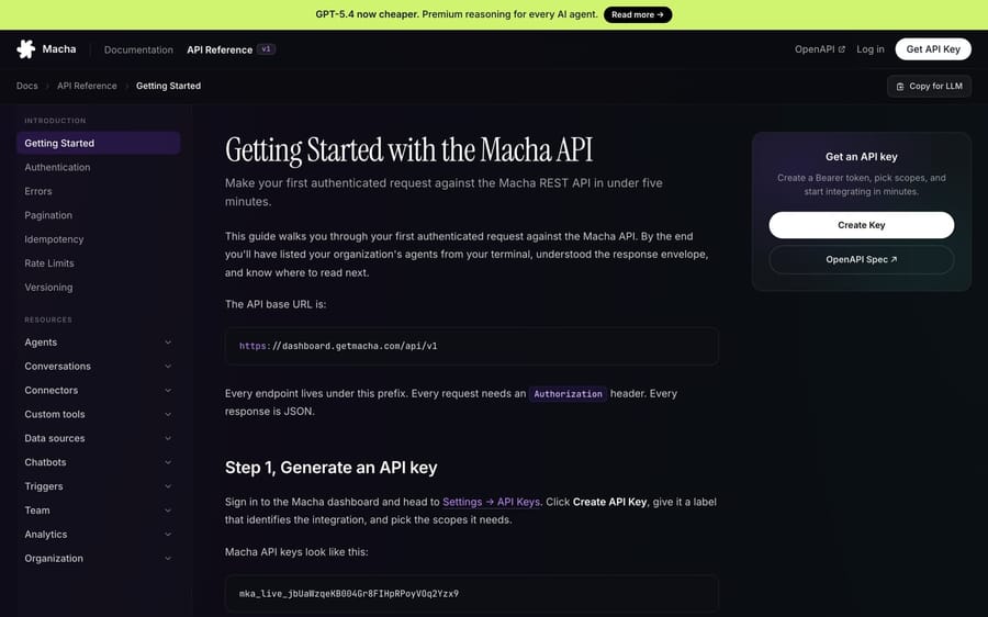 The Macha API Reference at getmacha.com/docs/api: the base URL, an authenticated key card with Create Key and OpenAPI Spec buttons, a Copy for LLM action, and a left-hand nav listing every resource — agents, conversations, connectors, custom tools, sources, and triggers.
