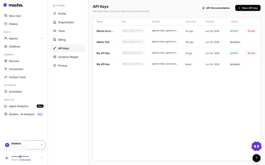 The Settings then API Keys page in the Macha dashboard: a table of keys with masked mka_live tokens, their scopes such as agents:read and agents:write, last-used and created dates, Active or Revoked status, Revoke buttons, and a New API key button.