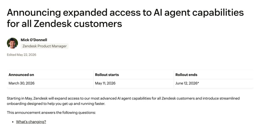 Zendesk's official announcement expanding AI agent access to all customers — the same update that phases out AI agents Essential and legacy bots.