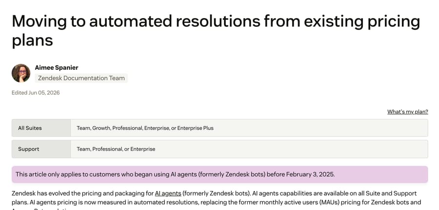 Zendesk's own documentation on moving to automated-resolution pricing — the per-resolution model that now applies across Suite and Support plans.