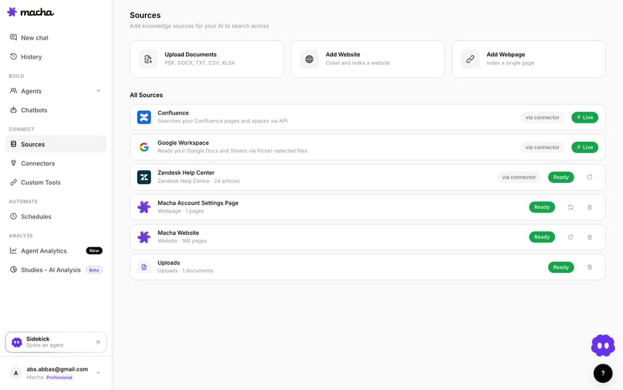 Macha's Knowledge Sources -- connect your Freshdesk help center and docs so the agent answers from the same real content your portal serves.