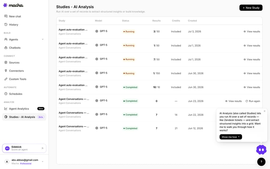 Macha's Studies run an agent across a batch of your real historical Freshdesk tickets and score the outcomes -- so you measure a change before it goes live.
