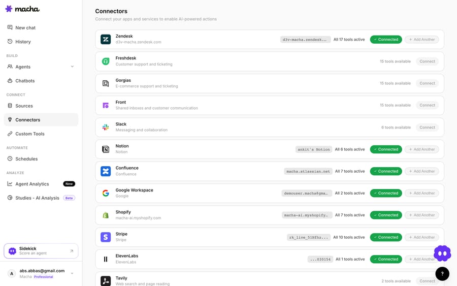 Macha's Custom Tools turn any REST API — your order, billing, or shipping system — into a capability the agent can call, just by describing the endpoint. No SDK to write.
