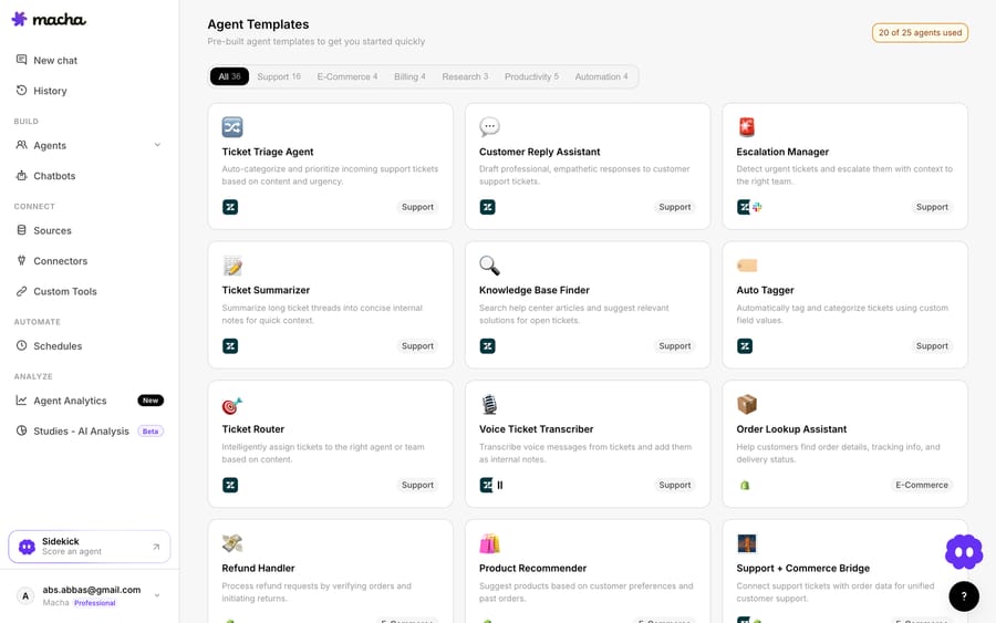 Macha's agent templates — start a support agent from a ready-made pattern instead of a blank slate, no code required.