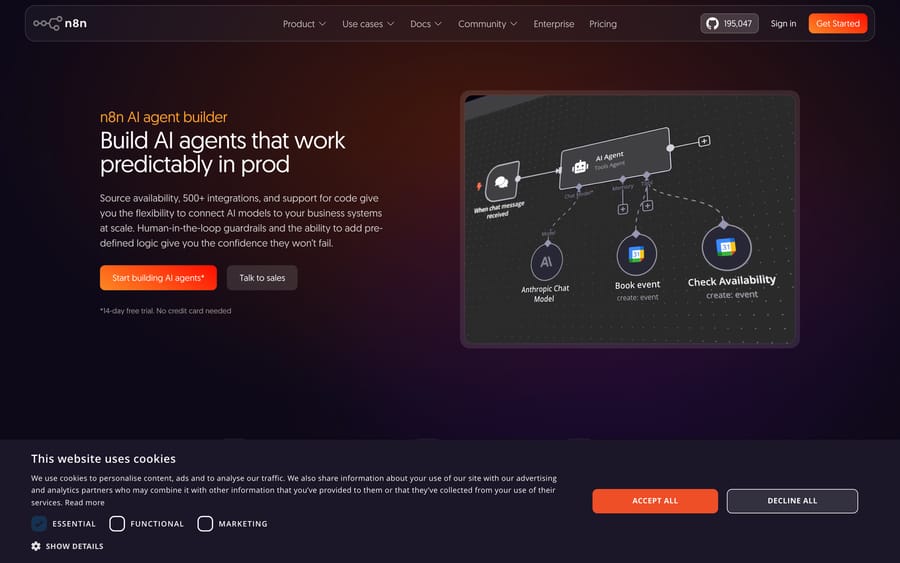 n8n's AI Agent node with a chat-model, memory, and tool sub-nodes wired into it inside the visual workflow canvas (n8n's AI agents page).