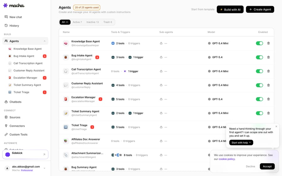 Macha's AI agents workspace, where each agent is scoped to a job — deflection, triage, drafting, or a full multi-step workflow — on top of your existing help desk.