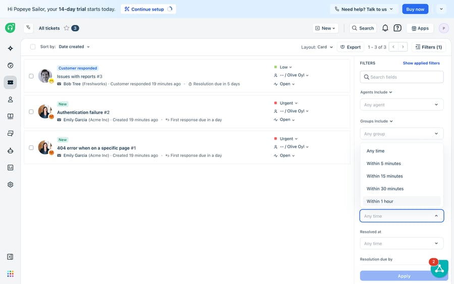 Freshdesk tickets — the volume an AI layer bills against (per action vs Freddy's per-session)