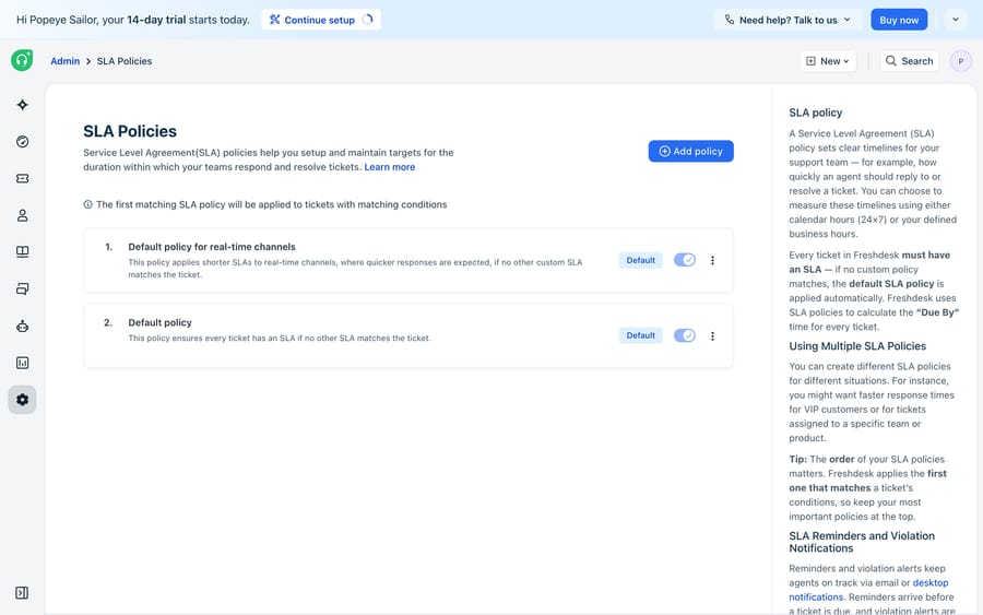 Freshdesk’s SLA Policies admin — targets for response/resolution, first-matching policy applied