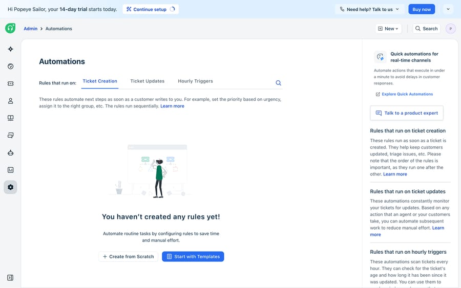 Freshdesk's Automations admin — rules that run on ticket creation/update/time