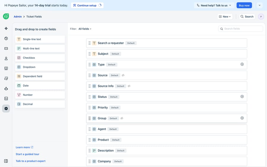 Freshdesk's Ticket Fields admin — default + custom fields that shape the ticket form