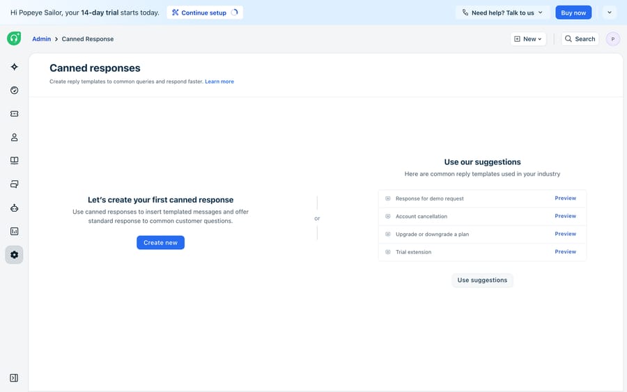 Freshdesk’s Canned Responses — saved reply templates organized in folders