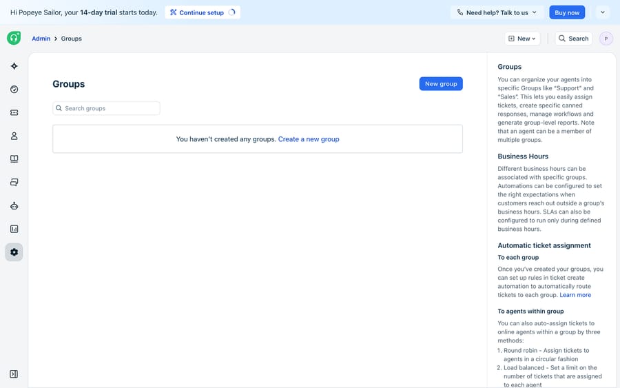 Freshdesk’s Groups admin — groups are the buckets tickets route to, each with its own agents, business hours, and assignment logic