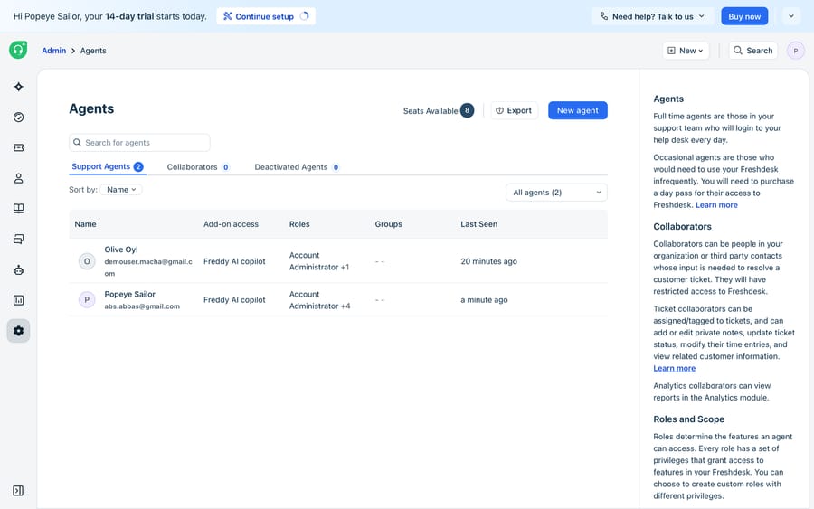 Freshdesk’s Agents admin — agents, their roles, and the groups tickets route to