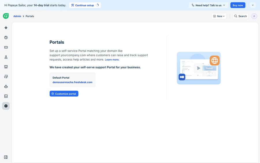 Freshdesk’s Portals admin — the self-service customer portal (knowledge base + ticket submission)