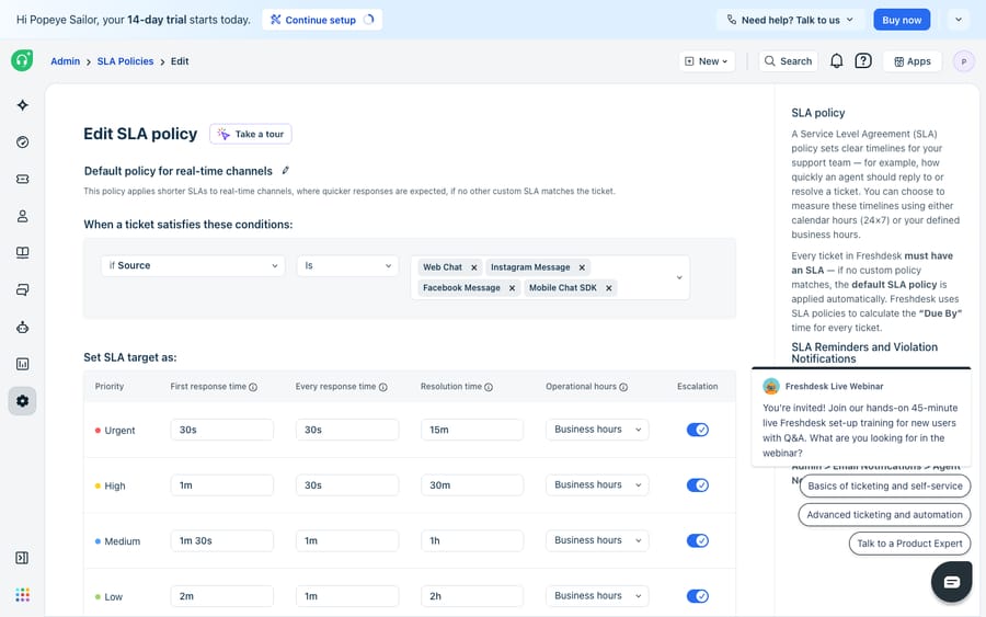 The Freshdesk SLA policy editor (Admin → Workflows → SLA Policies → Edit), showing the "Set SLA target as" table with First response time, Resolution time, Business hours and Escalation columns for each priority (Urgent, High, Medium, Low), plus the condition that decides which tickets the policy applies to.