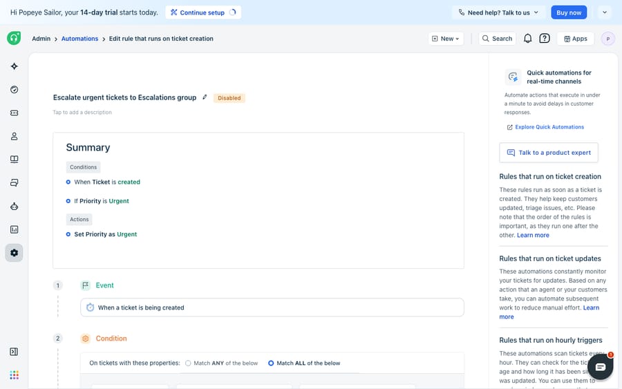 A Freshdesk ticket-creation (Dispatch'r) automation rule open in the builder, with a Summary reading "When Ticket is created, If Priority is Urgent → Set Priority as Urgent" above the Event and Condition steps of the rule builder.