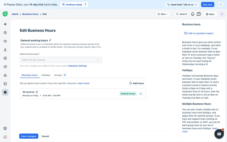 The Edit Business Hours screen for the "General working hours" calendar in Freshdesk, showing the time zone (GMT+05:30 Chennai), the Business hours / Holidays / Groups tabs, and the working schedule "All sources · Monday to Friday · 8:00 AM – 5:00 PM (Default hours)."