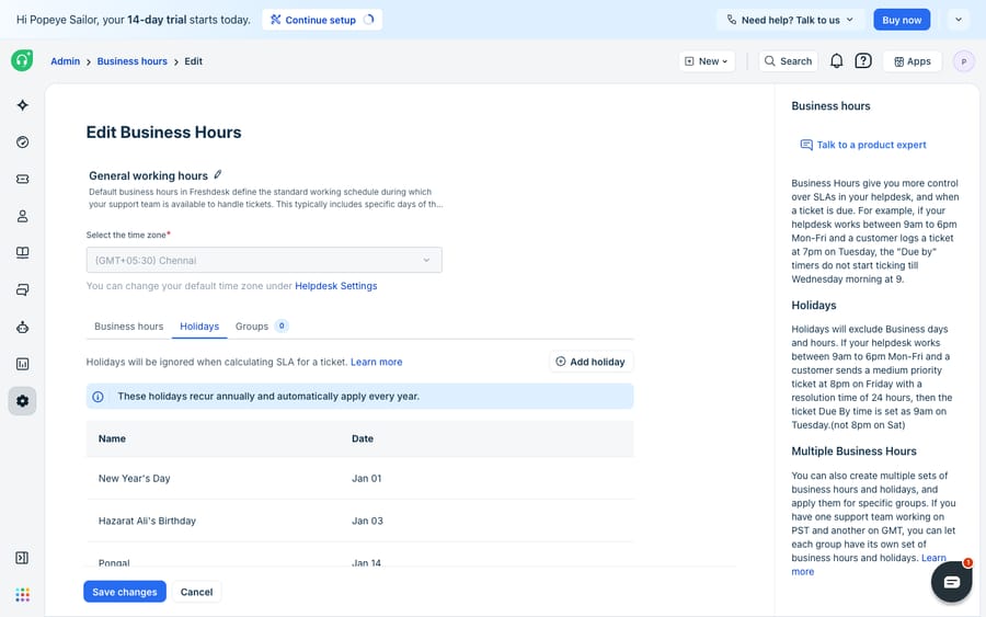The Holidays tab of a Freshdesk business-hours calendar, listing recurring holidays (New Year's Day – Jan 01, Hazrat Ali's Birthday – Jan 03, Pongal – Jan 14) with an "Add holiday" button and a note that these holidays recur every year and are excluded from SLA calculations.