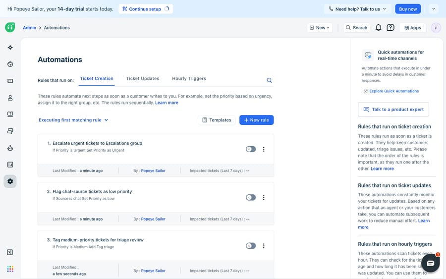 The Ticket Creation automations list in Freshdesk showing four rules in numbered execution order (1–4) with each rule’s on/off toggle in the off position and the note “Executing first matching rule” — the rule order and disabled toggles being two common reasons an automation doesn’t fire.