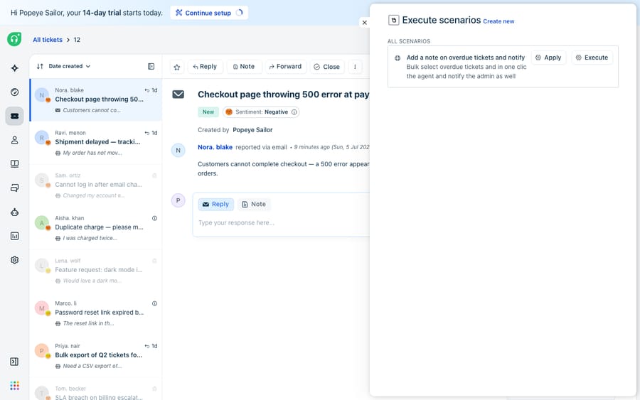 The "Execute scenarios" panel opened on a Freshdesk ticket, showing a scenario automation ("Add a note on overdue tickets and notify") with its description and Apply / Execute buttons under the ALL SCENARIOS list.
