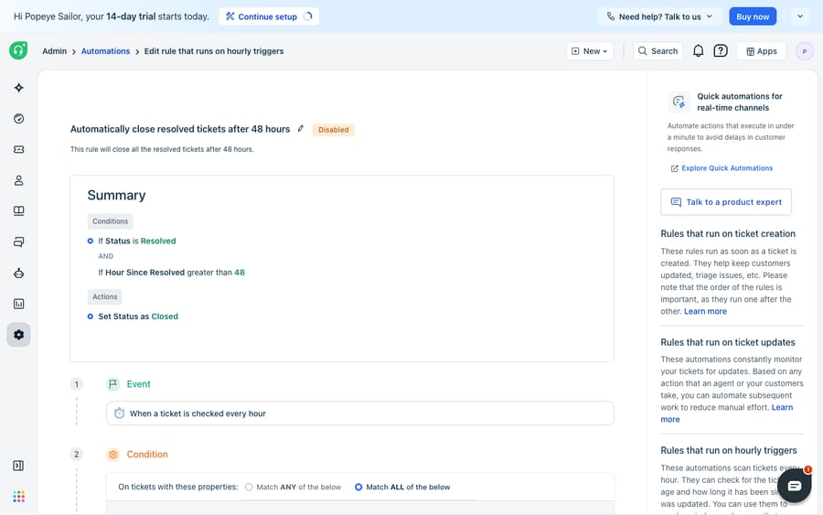 A Freshdesk time-triggered (hourly / Supervisor) automation rule open in the builder, with a Summary reading "If Status is Resolved AND Hour Since Resolved greater than 48 → Set Status as Closed," driven by the event "When a ticket is checked every hour" — the time-based aging pattern used for escalations.