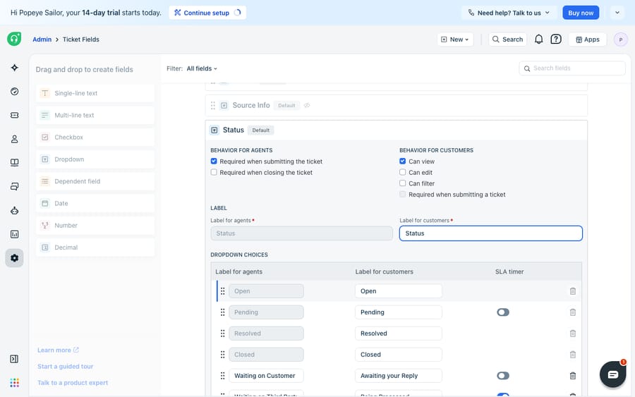 The Status field editor under Admin → Ticket Fields in Freshdesk, expanded to show the Dropdown Choices — the default Open, Pending, Resolved and Closed statuses plus custom statuses ("Waiting on Customer" shown to customers as "Awaiting your Reply," and "Waiting on Third Party") with per-status agent/customer labels and SLA-timer toggles.