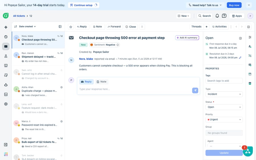 The right-hand PROPERTIES panel of a Freshdesk ticket (“Checkout page throwing 500 error at payment step,” reported via email), showing the Type (Incident), Status (Open) and Priority (Urgent) fields together with the ticket’s Tags, Group and Agent.