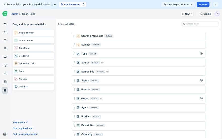 The Freshdesk Ticket Fields admin: the 'Drag and drop to create fields' palette on the left (Single-line text, Multi-line text, Checkbox, Dropdown, Dependent field, Date, Number, Decimal) beside the current field layout (Subject, Type, Source, Status, Priority, Group, Agent, Product, Description, Company).