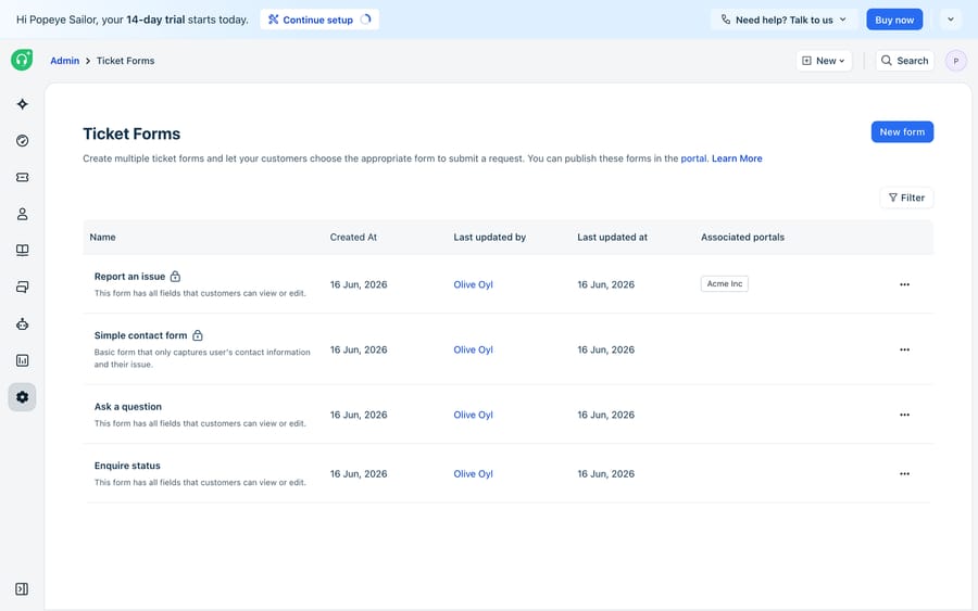The Freshdesk Ticket Forms admin listing four configured forms (Report an issue, Simple contact form, Ask a question, Enquire status) with columns for Created At, Last updated by, Last updated at, and Associated portals, plus a 'New form' button.