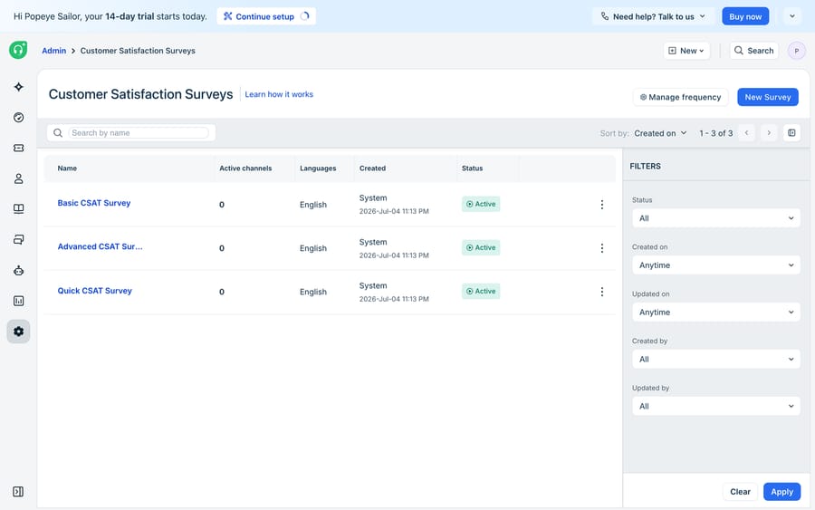The Freshdesk Customer Satisfaction Surveys overview: a list of three active surveys (Basic CSAT Survey, Advanced CSAT Survey, Quick CSAT Survey) with Active channels, Languages, Created date and Status columns, a filters panel, and a 'New Survey' button.
