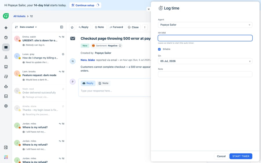 The Freshdesk 'Log time' panel on a ticket: an Agent selector, an HH:MM time-entry field ('Leave as blank to start the auto-timer'), a checked 'Billable' toggle, an 'On' date field, a Note field, and a 'Start timer' button.