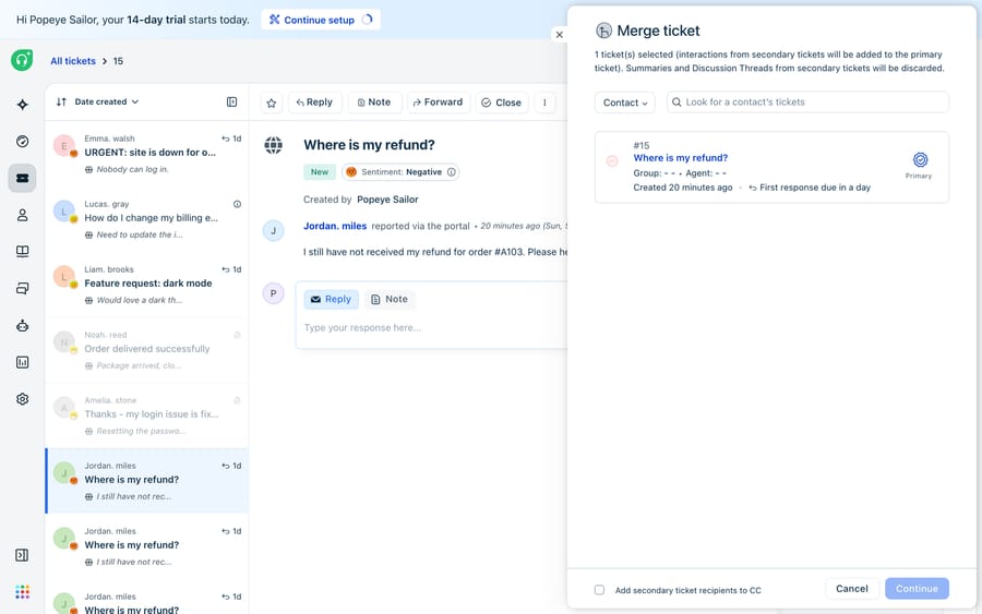The Freshdesk 'Merge ticket' modal: explanatory text noting secondary tickets are added to the primary, a Contact filter dropdown and search box to find candidate tickets, ticket #15 'Where is my refund?' marked as Primary, and an 'Add secondary ticket recipients to CC' option. The left rail shows the three duplicate 'Where is my refund?' tickets from the same requester.