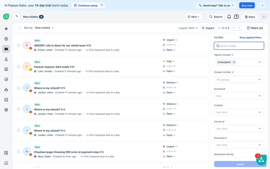 A Freshdesk ticket view ('New tickets' system view) with the filter/view builder panel open on the right (Agents Include: Unassigned, Groups, Sentiment, Created / Closed / Resolved date filters and an Apply button) driving the filtered ticket list, plus Layout and Export controls in the header.