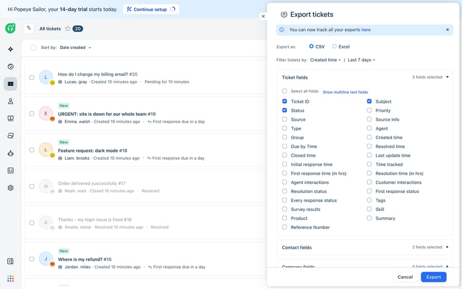 The Freshdesk 'Export tickets' dialog: 'Export as' CSV/Excel radio options, a 'Filter tickets by' created-time / last-7-days selector, and a Ticket fields checkbox picker (Ticket ID, Subject, Status, Priority, Type, Group, Agent, timestamps, etc.) plus Contact and Company field sections and an Export button.