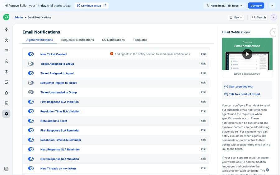 The Freshdesk Email Notifications admin (Agent Notifications tab) listing notification rules with on/off toggles and Edit links (New Ticket Created, Ticket Assigned to Group/Agent, Requester Replies to Ticket, SLA Violation and Reminder rules, Note added, New Threads), including a warning that agents must be added to the notify section to receive notifications.