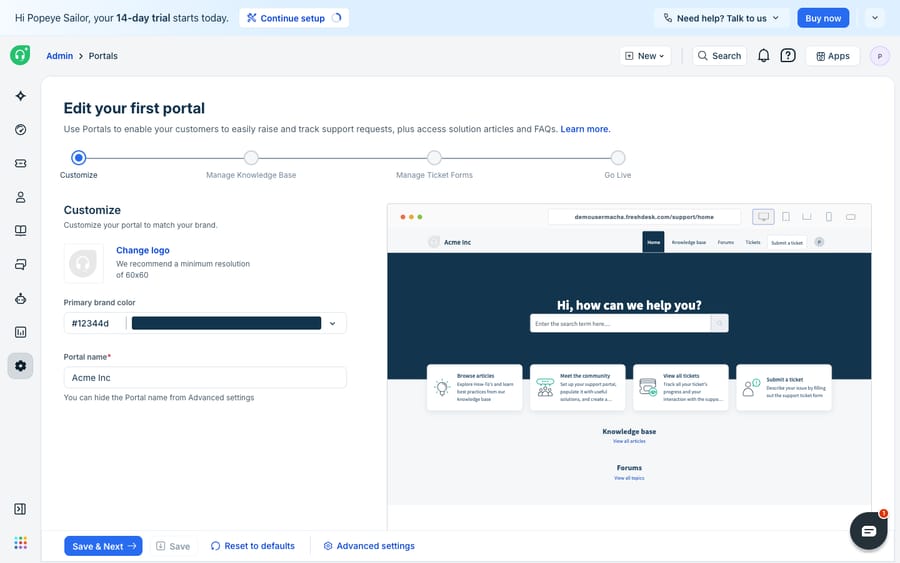 Freshdesk's portal customization editor (Admin → Portals → Customize portal): the Customize step with logo, primary brand color (#12344d) and portal name controls on the left, and a live desktop/tablet/mobile preview of the support portal on the right.