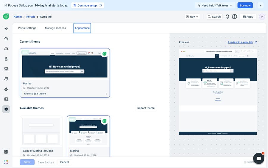 The portal Appearance tab in Freshdesk showing the current theme (Marina) with a Clone & Edit theme button, an Available themes gallery of theme cards, an Import theme option, and a live portal preview — distinct from the color/logo customize wizard.