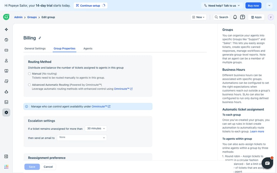 A group's automatic ticket-assignment settings in Freshdesk (Admin → Groups → Billing → Group Properties): the Routing Method options — Manual, Round robin, and Advanced Automatic Routing (OmniRoute) — plus escalation and reassignment preferences.
