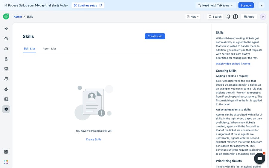 The Skills admin (Admin → Skills) in Freshdesk, showing the empty Skill List with a Create skill button and an explanation panel describing how skill-based routing assigns tickets to the agent best skilled to handle them — the skill-based assignment type. Empty state: no skills created yet.