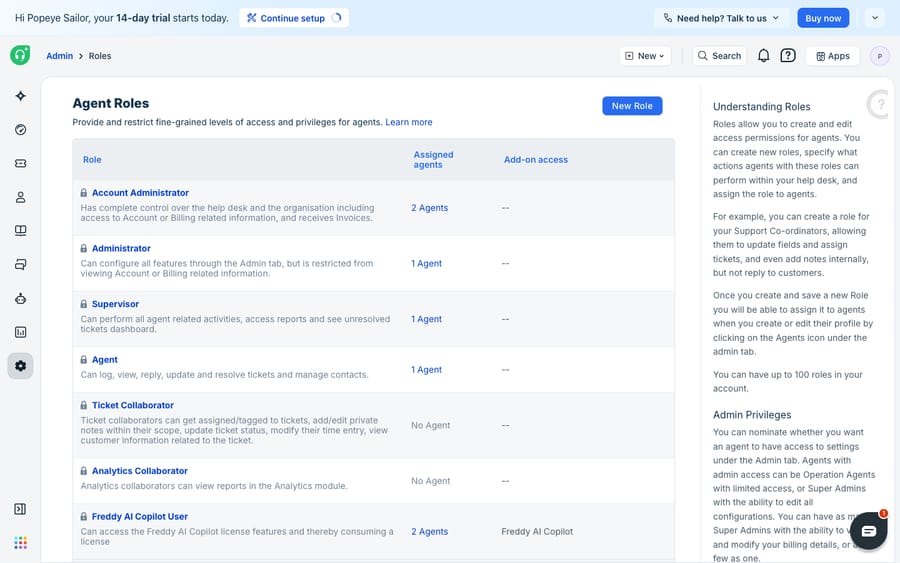 The Agent Roles admin (Admin → Roles) in Freshdesk, listing default roles — Account Administrator, Administrator, Supervisor, Agent, Ticket Collaborator, Analytics Collaborator — with the number of agents assigned to each and a New Role button to create custom roles.