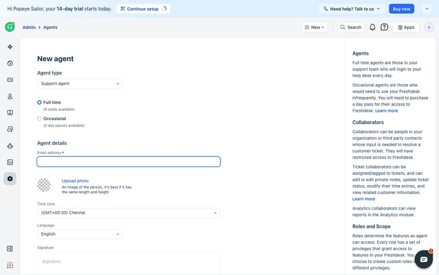 The New Agent form in Freshdesk (Admin → Agents → New agent): Agent type (Support agent), Full time vs Occasional seat/day-pass options, email, timezone and language fields, with a side panel explaining agent types, collaborators, and roles & scope.