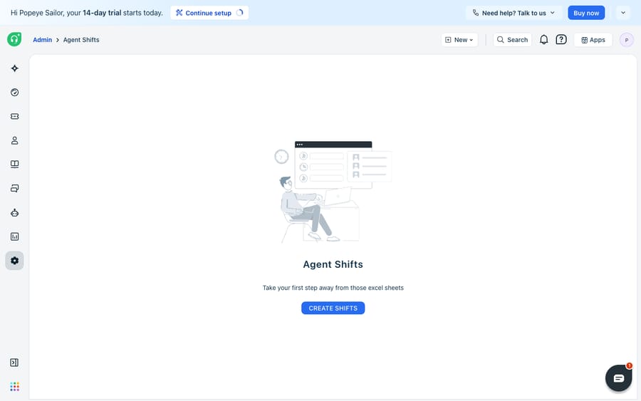 The Agent Shifts admin (Admin → Agent Shifts) in Freshdesk in its empty/enablement state — an illustration with the tagline 'Take your first step away from those excel sheets' and a Create Shifts button. No shifts have been configured yet on this trial account.