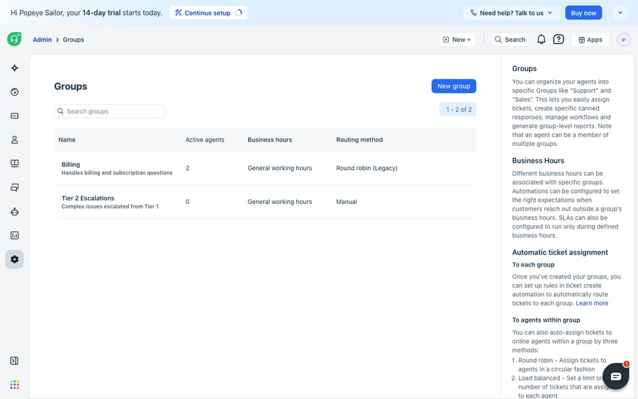 The Groups admin (Admin → Groups) in Freshdesk listing two groups — Billing (2 active agents, General working hours, Round robin (Legacy) routing) and Tier 2 Escalations (Manual routing) — with a side panel explaining groups, business hours and automatic ticket assignment.