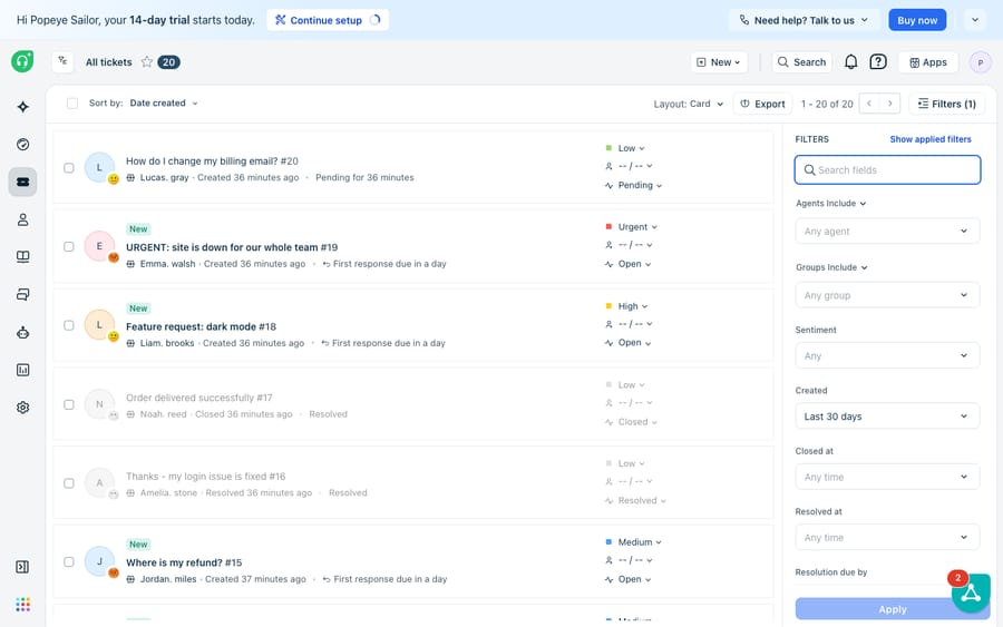 The Freshdesk Tickets workspace (all tickets view) showing a list of support tickets with priorities (Low/High/Urgent), statuses (Open/Pending/Resolved/Closed) and a filter panel by agent, group and sentiment — illustrating that Freshdesk is a ticketing system. (Macha connects to Freshdesk, not Freshchat.)