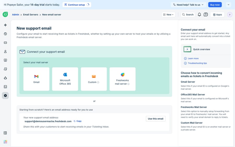 Freshdesk Admin > Email Servers > New support email. The 'Connect your support email' panel lets you select a mail server (Gmail, Microsoft Office 365, Custom, or Freshworks mail server), and below it Freshdesk offers a ready-to-use support address (support@demousermacha.freshdesk.com) with a 'Use this email' button to start converting incoming email into tickets.
