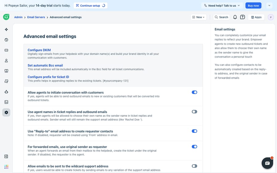 Freshdesk Admin > Email Servers > Advanced email settings. A broad overview of email options: Configure DKIM, Set automatic Bcc email, Configure prefix for ticket ID, plus toggles for allowing agents to initiate conversations, using agent names in replies, creating requesters from Reply-to, and using the original sender as requester for forwarded emails.