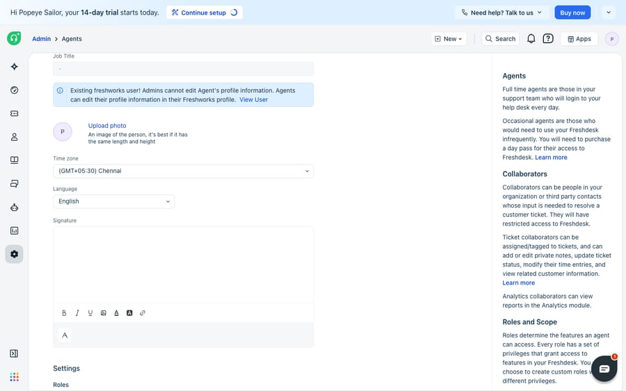 Freshdesk Admin > Agents > Edit agent, scrolled to the Signature field. The signature rich-text editor (Bold, Italic, Underline, Insert Image, Text Color, link) is empty on this fresh agent; this is where an agent's personal email signature is composed. Also visible: Time zone and Language settings above it.