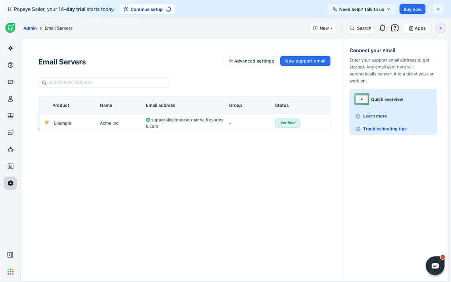 Freshdesk Admin > Email Servers list showing the configured support mailbox (Product: Example, Name: Acme Inc, Email: support@demousermacha.freshdesk.com) with Status: Verified. The right panel offers 'Quick overview', 'Learn more' and 'Troubleshooting tips' - the place to confirm a mailbox is verified when email-to-ticket isn't working.