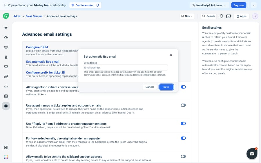 Freshdesk Admin > Advanced email settings with the 'Set automatic Bcc email' dialog open. This address is automatically added to the Bcc field of all ticket communications (useful for archiving/monitoring outbound mail). Note: the primary deliverability fix - DKIM authentication - lives on the DKIM Settings page and requires a verified custom domain.
