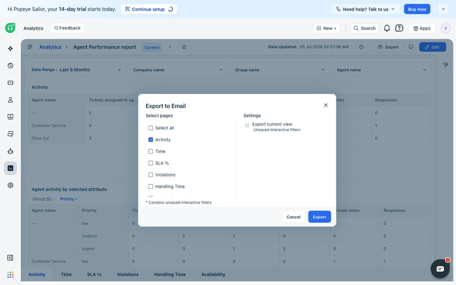 Freshdesk Analytics "Export to Email" dialog — choose which report pages to send (Activity, Time, SLA %, Violations, Handling Time) plus an "Export current view" setting, with Cancel / Export actions. (This is the on-demand export-to-email dialog reached via the report's Export menu; a full recurring email schedule is a plan/config-level option not enabled on this trial.)